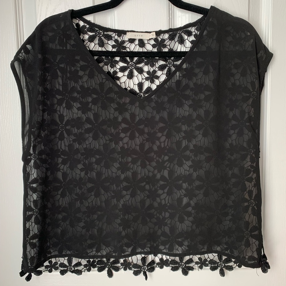 Lush Sheer Black Top w/ Crochet back - Size Small